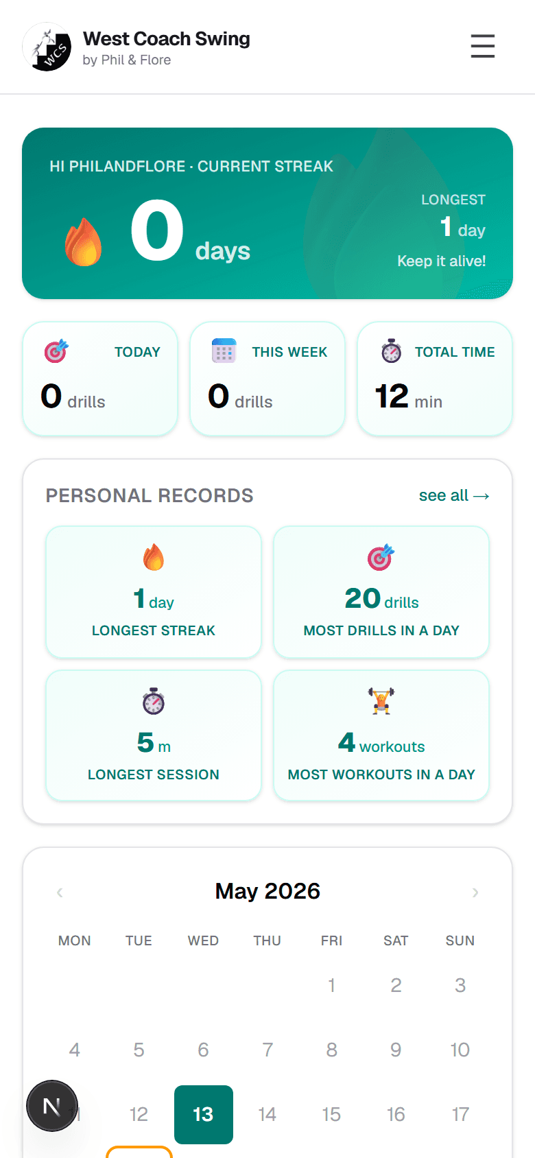 Practice dashboard with current streak, weekly stats, and a calendar