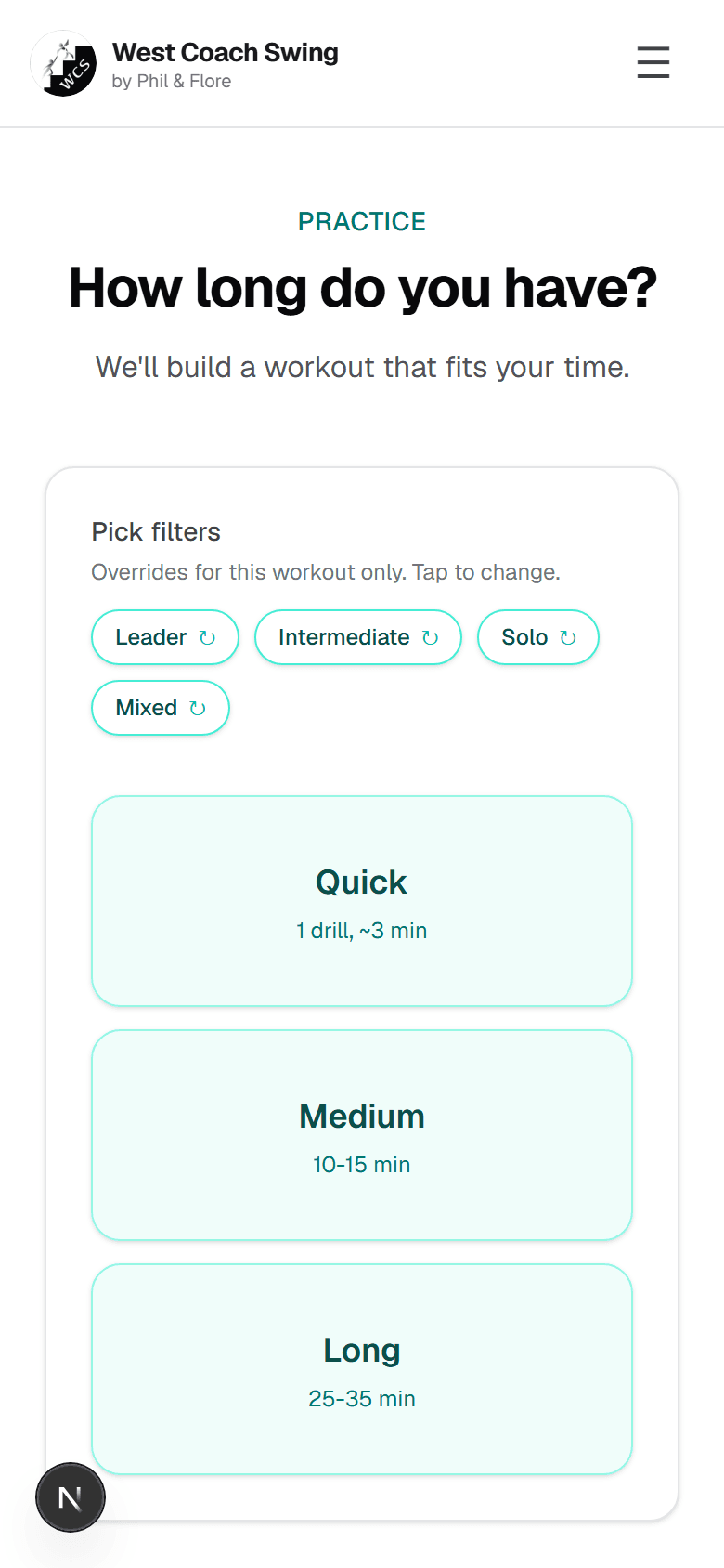 Practice picker showing Short, Medium, and Long options